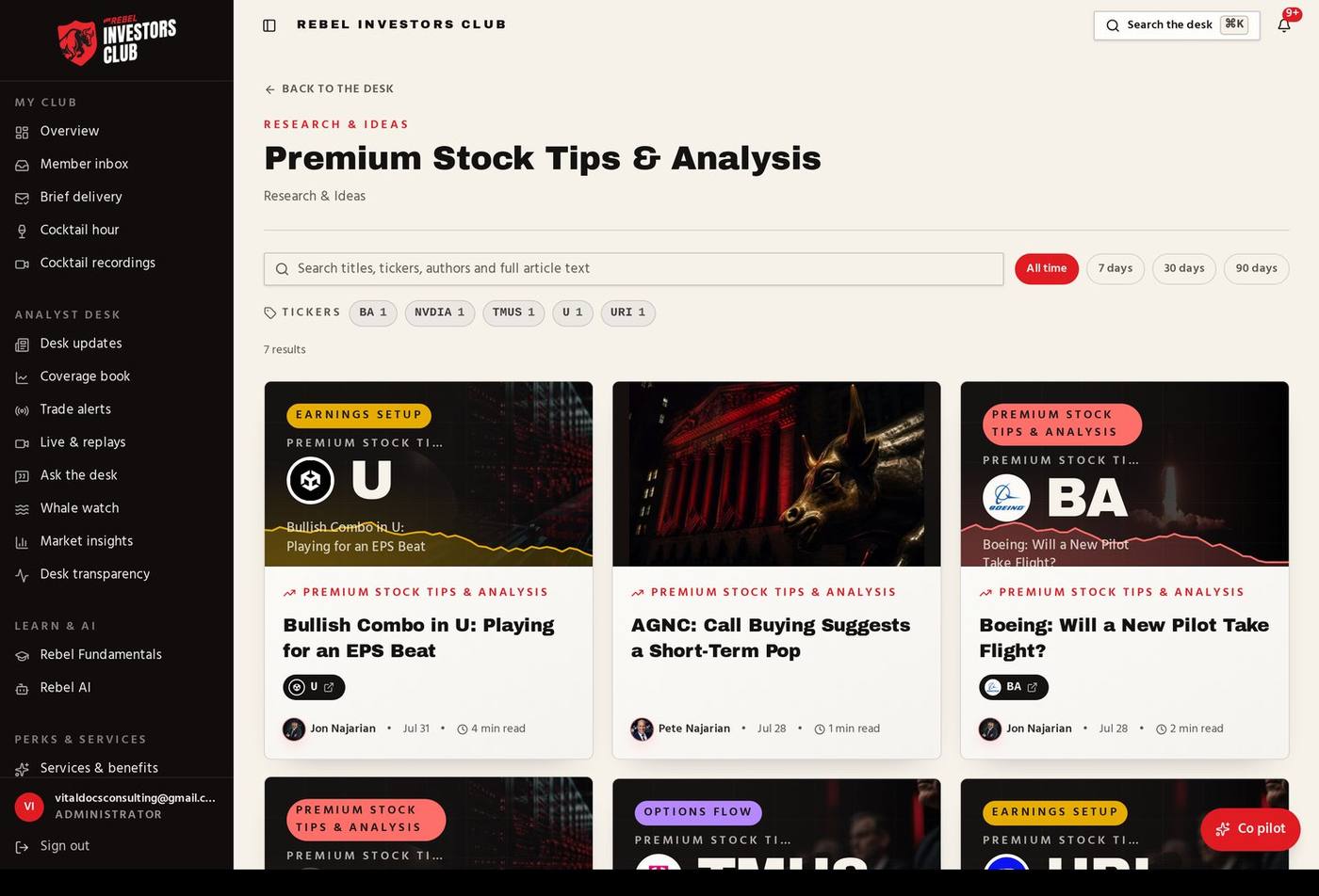 The brief library inside the Rebel Investors Club member dashboard
