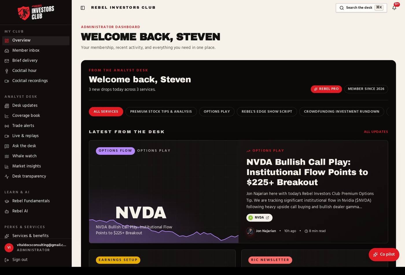 Your dashboard inside the Rebel Investors Club member dashboard