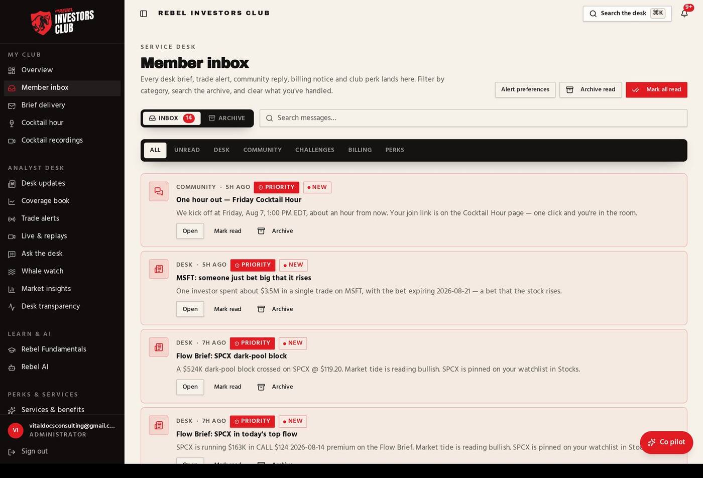 Member inbox inside the Rebel Investors Club member dashboard
