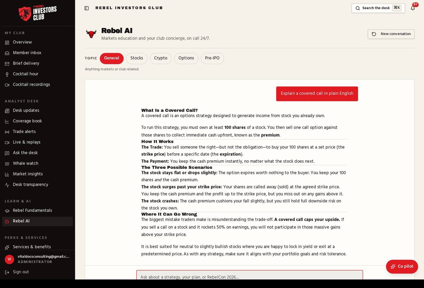 Rebel AI inside the Rebel Investors Club member dashboard