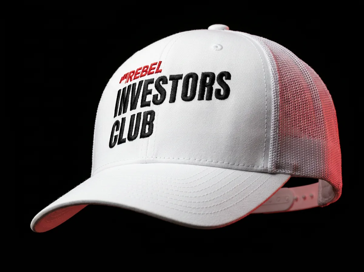 Rebel Investors Club embroidered snapback trucker hat — free with annual membership