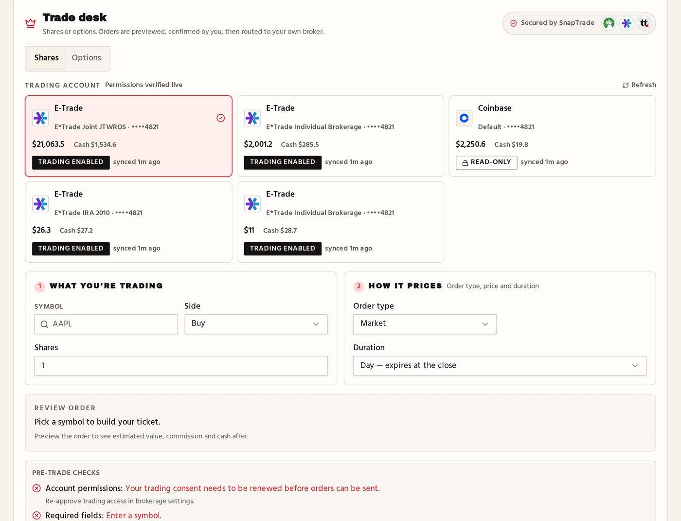 Portfolio 360 live trade desk order ticket
