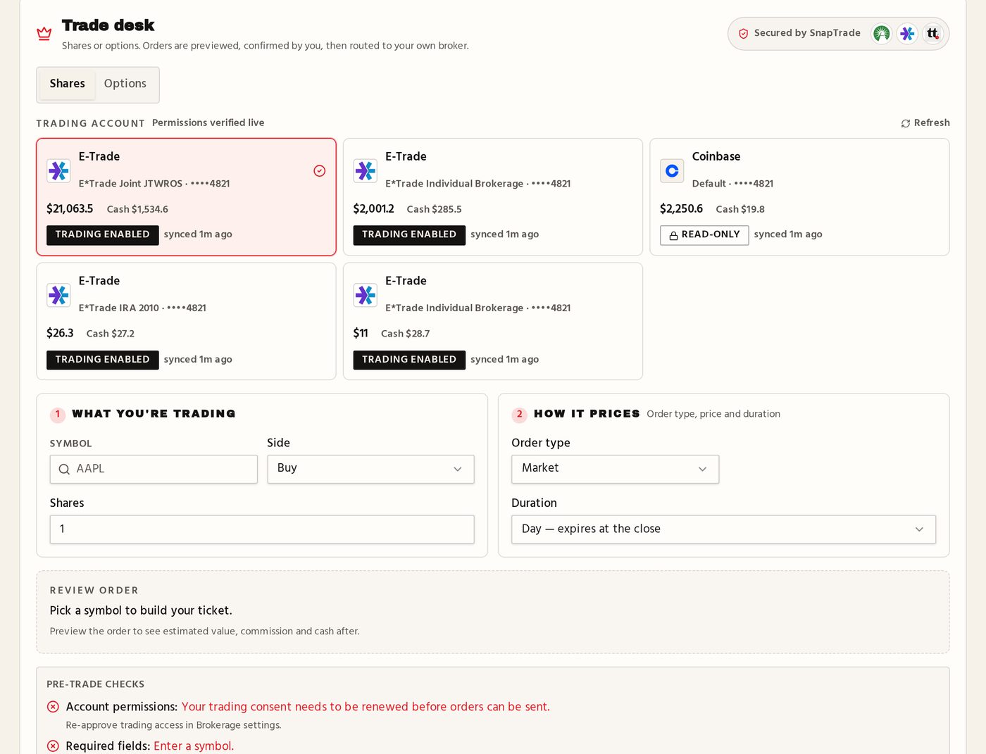 Portfolio 360 live trade desk order ticket