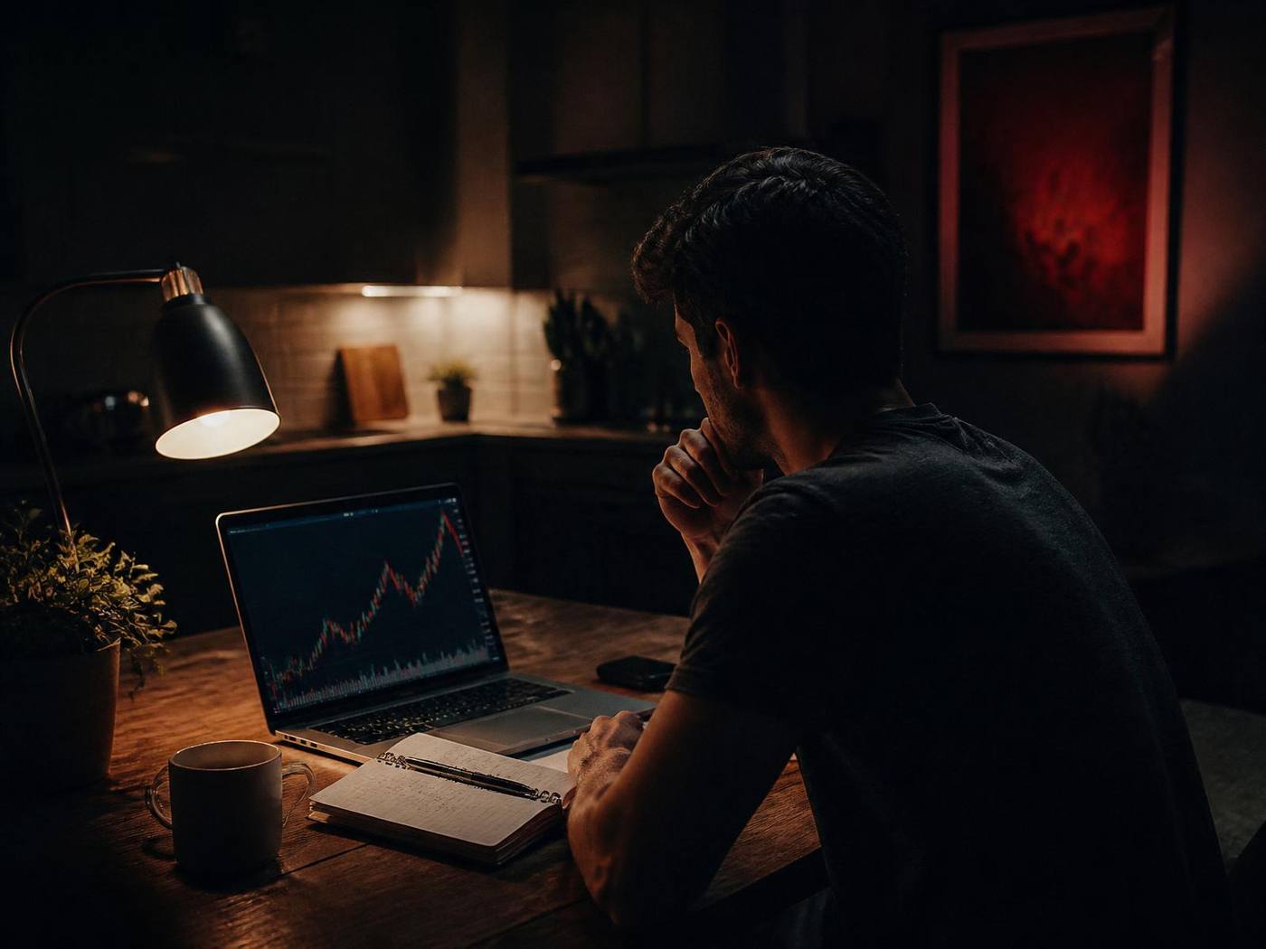New investor studying a simple stock chart on a laptop at a kitchen table