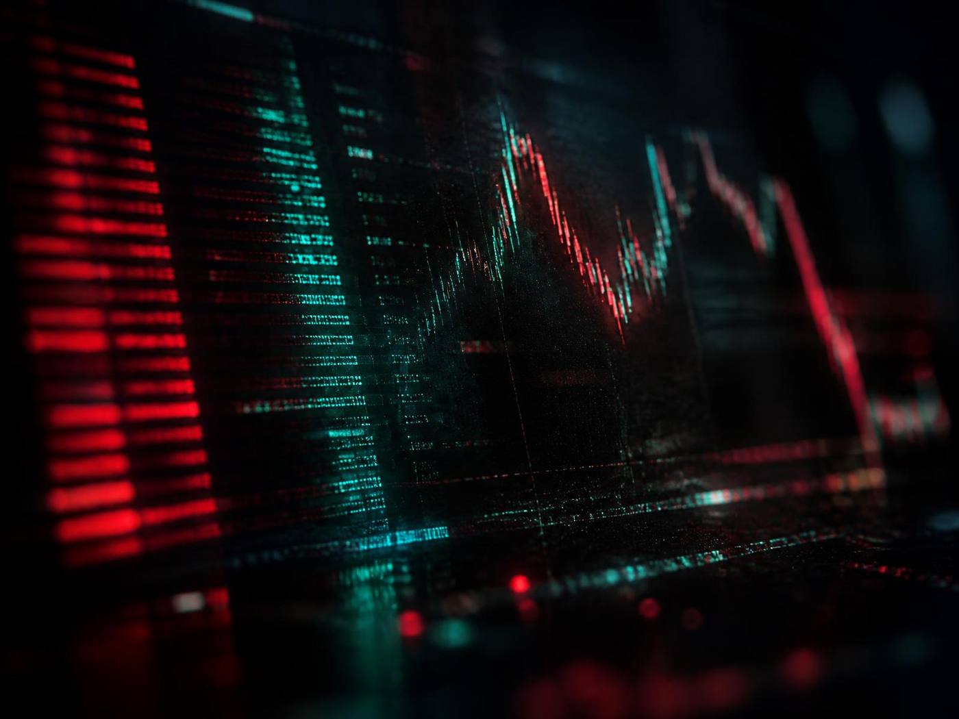 Close-up of a glowing crypto order book and volatile price chart