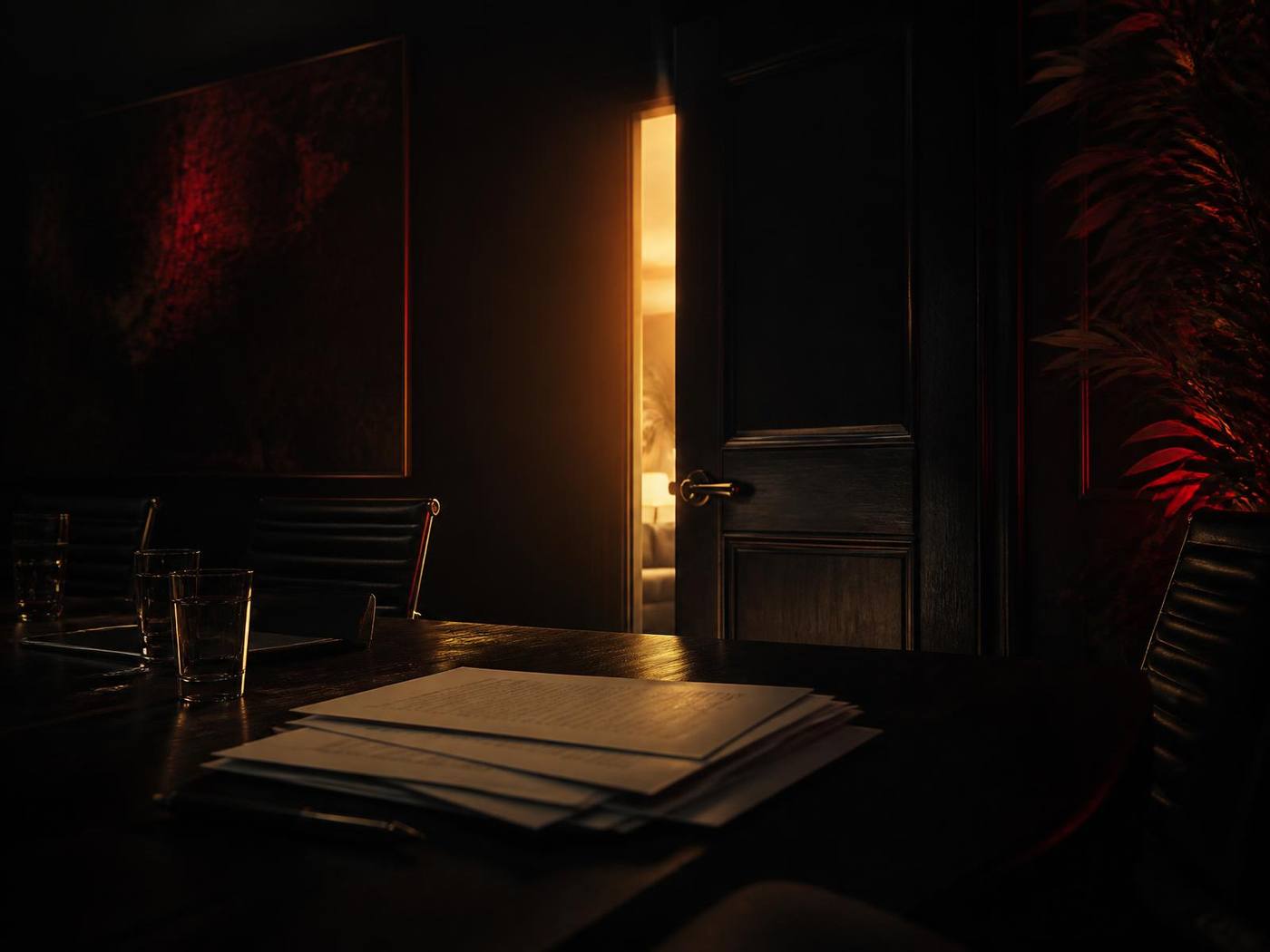 Private boardroom table with term sheets and light spilling through a door