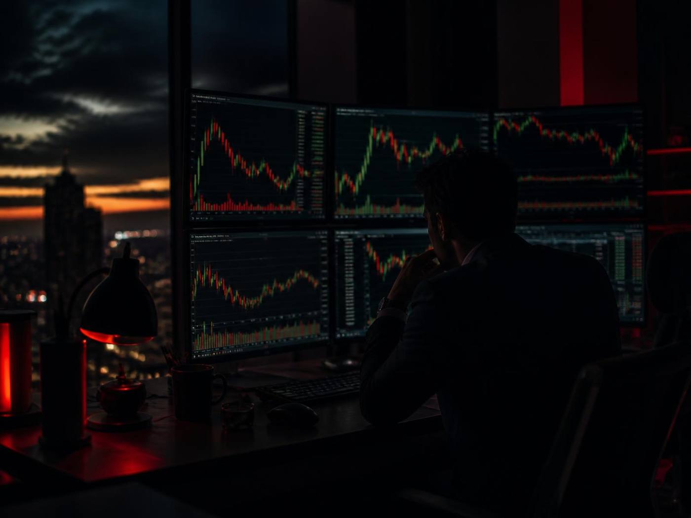 Trader watching red and green candlestick charts on a multi-monitor desk at dusk