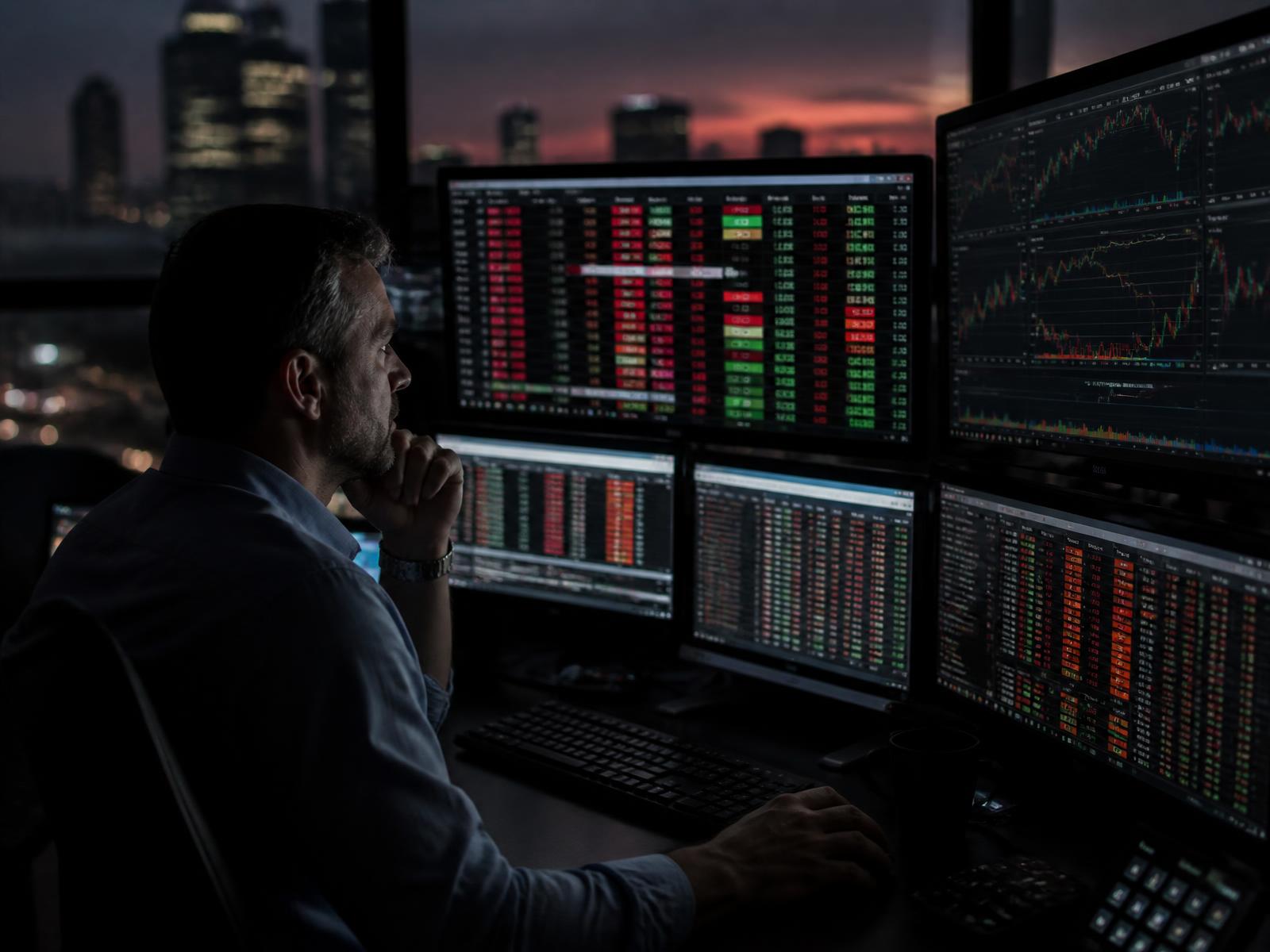 Trader studying an unusual options order-flow scanner with red and green block prints at dusk
