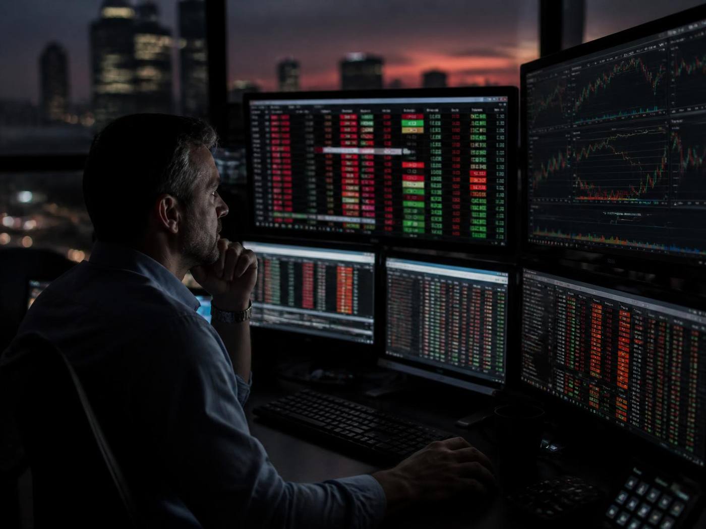 Trader studying an unusual options order-flow scanner with red and green block prints at dusk